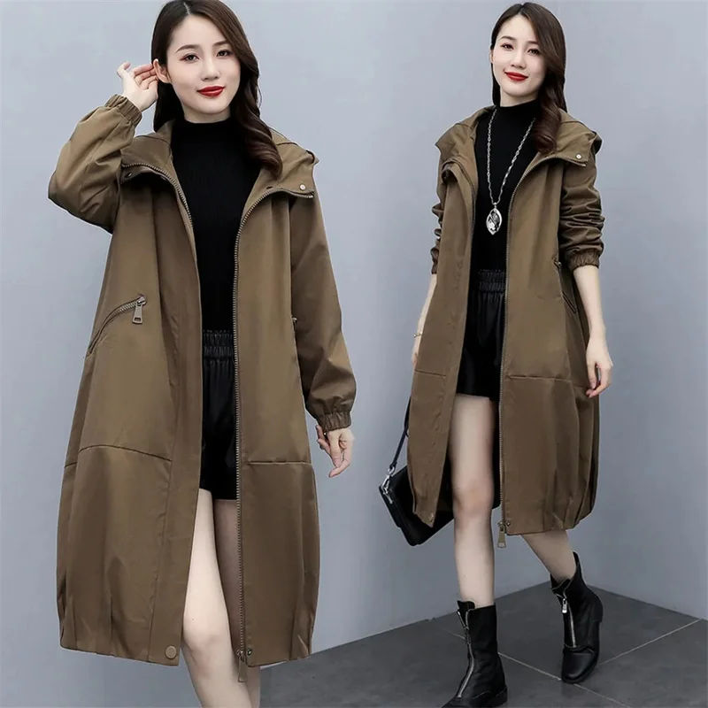 

2021Autumn Women New Fashion Korean Style Loose Mid-length All-match Casual Hooded Jacket Female Mid-length Windbreaker Coat A13