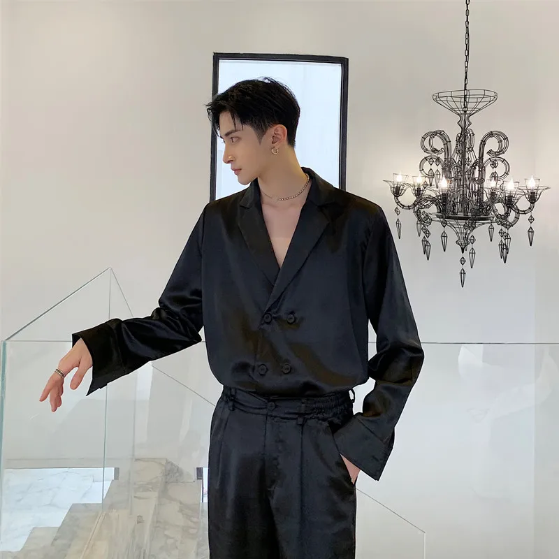 

Men 2PCS Sets (shirt+pants) Male Vintage Fashion Long Sleeve Loose Casual Shirt Style Suit Jacket Streetwear Wide Leg Trousers