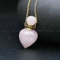 3pcs natural rose quartz love heart shape perfume bottle pendants gold color chain necklace for fashion women jewelry