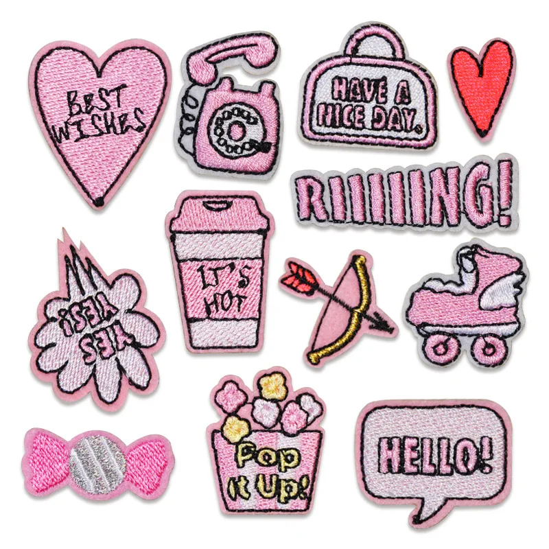 

100pcs/lot Embroidery Patch Pink Letter Love Drink Arrow Clothing Decoration Craft Diy Iron Heat Transfer Applique