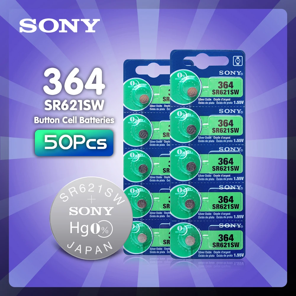 Оригинальный Sony 50 шт. SR621SW оксид серебра для часов 6 8 мм * 2 1 AG1 364 164 D364 L621 GP364