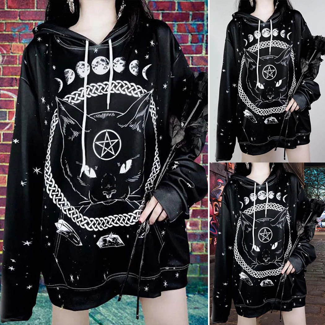 Готический панк женские толстовки с капюшоном пуловер принтом кота свободный