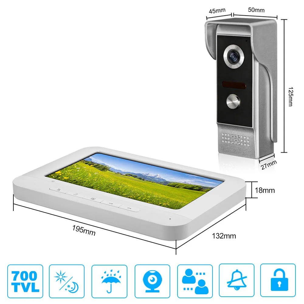 Проводной видеодомофон 7 дюймов с ИК камерой ночным видением 2 монитора для