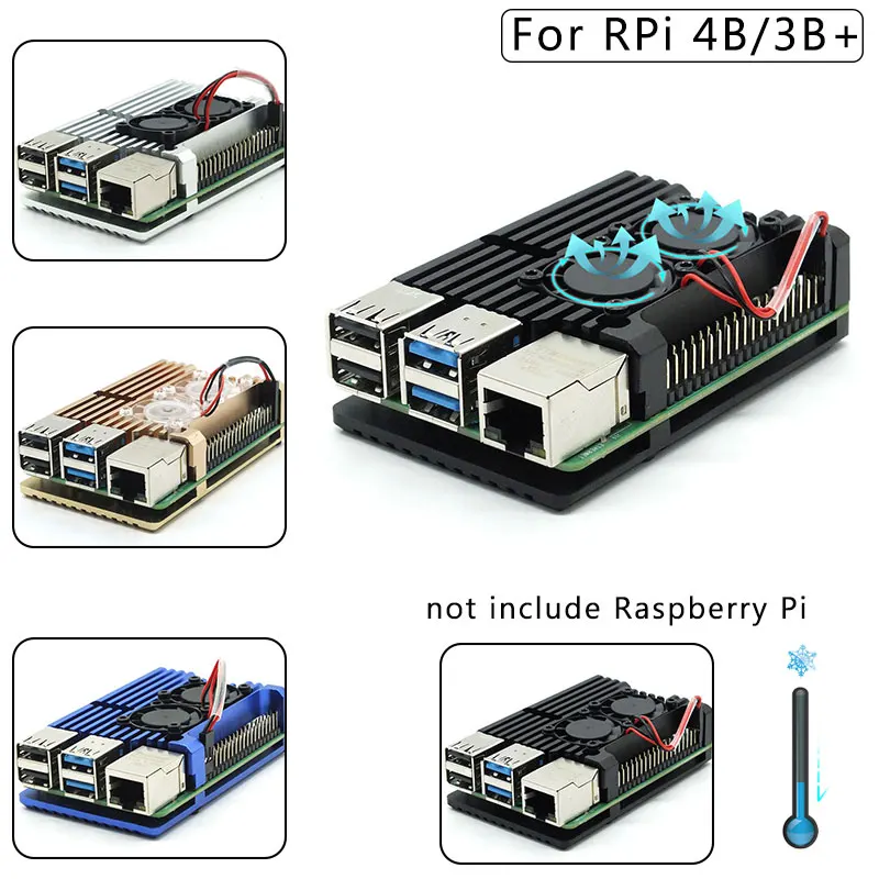 Двухвентиляторный Raspberry Pi 4 Model B / 3B + цветный Алюминиевый металлический чехол с