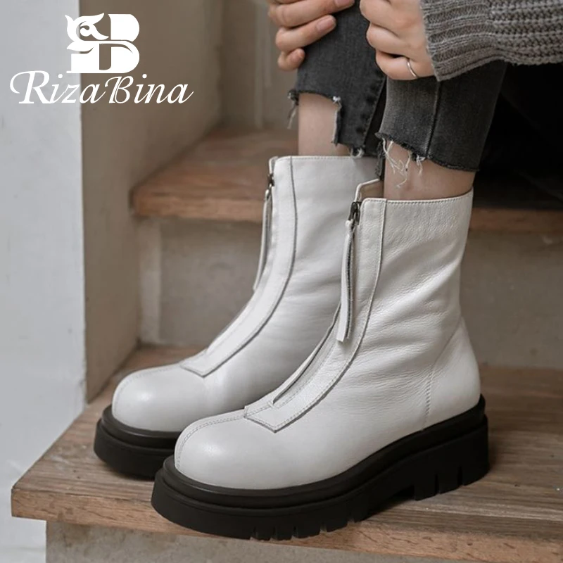 

RIZABINA Real Leather Women Shoes Ankle Boots Fashion Platform Thick Bottom Shoes Short Boots Daily Ladies Footwear Size 34-39