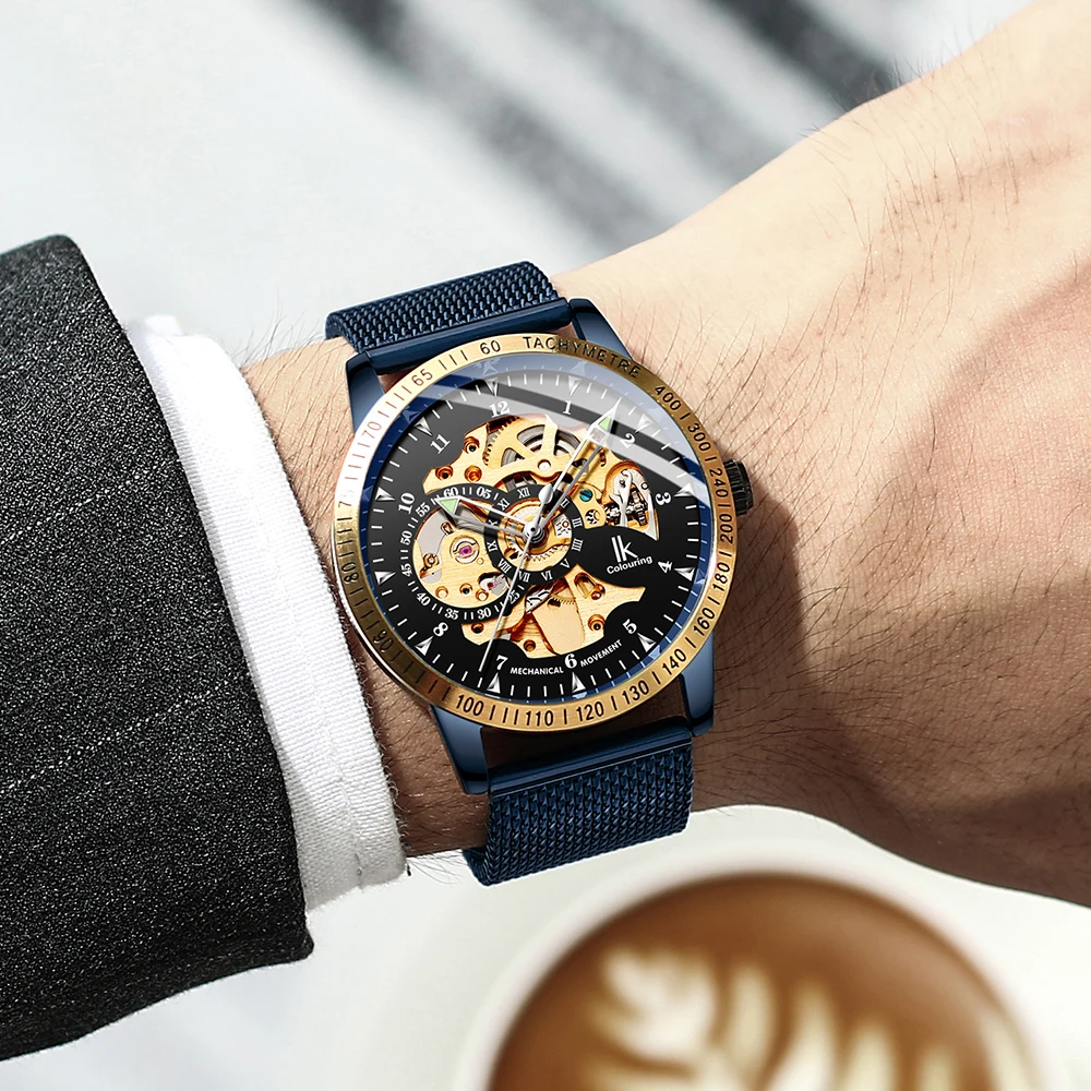 

Casual IK Coloring Wristwatches Men's Skeleton Luminous Hands Auto Mechanical Watch Gift Box