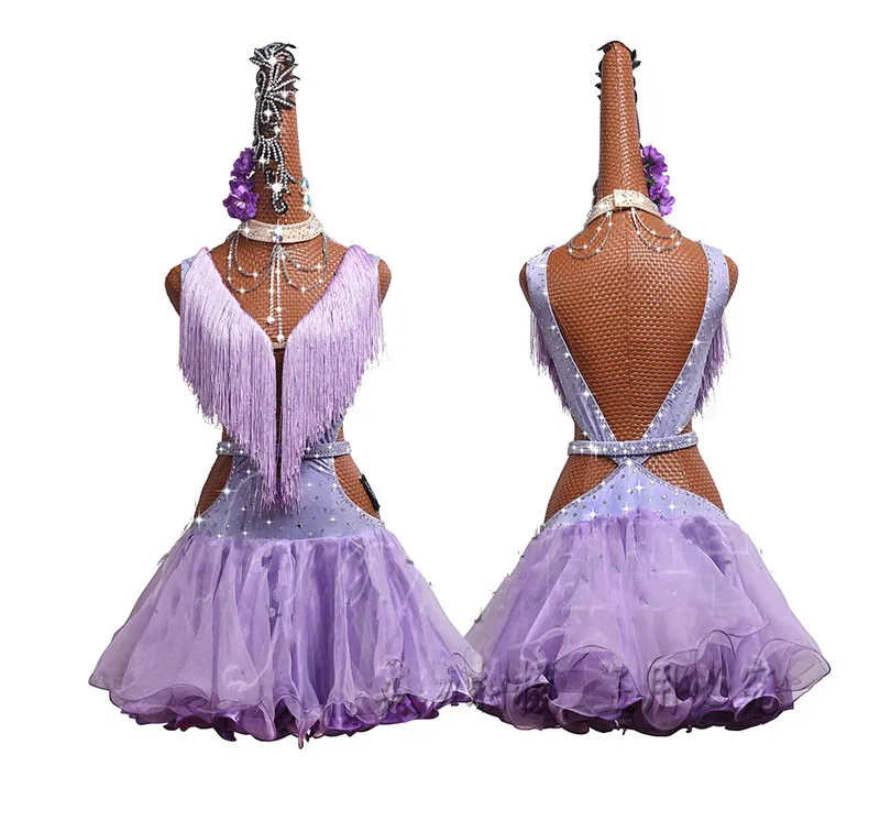 

Grace Latin Dance Dress Women Competition Performance Clothing Female Dance Skirt Hollow Light Purple Fringed Pleated Skirt