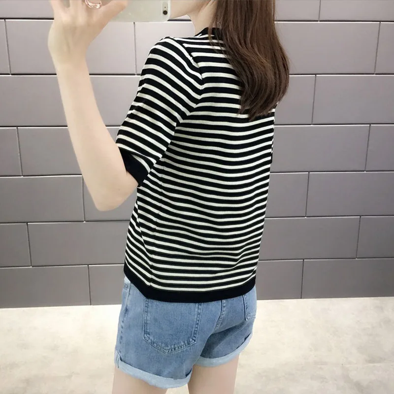 Женская футболка сезон весна-лето 2020 новые футболки топы вязаные в полоску с