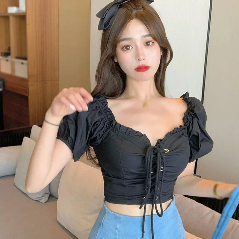 

Summer Solid Shirt Women Retro One-line Neck Blouses Strapless Lace-Up Short Puff Sleeve Ladies Top