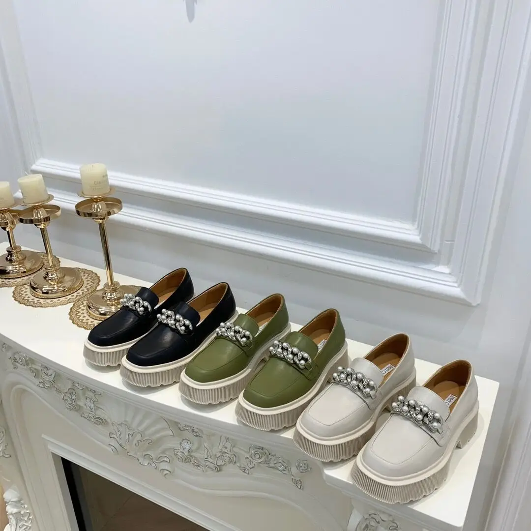 

Women's Genuine Leather Slip on Flats Loafers Comfortable Metal Decoration Casual Shoes High Platform Single Shoes For Women