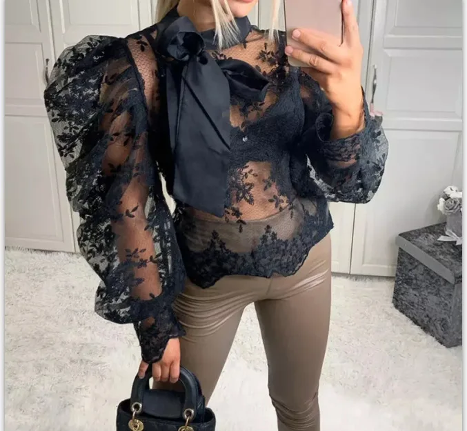 

Sexy Women Mesh Lace Patchwork Tied Neck Puffed Sleeve Blouse Shirts Long Sleeve Bow Tie Collar Shirt Blouse Tops Fashion Clothe