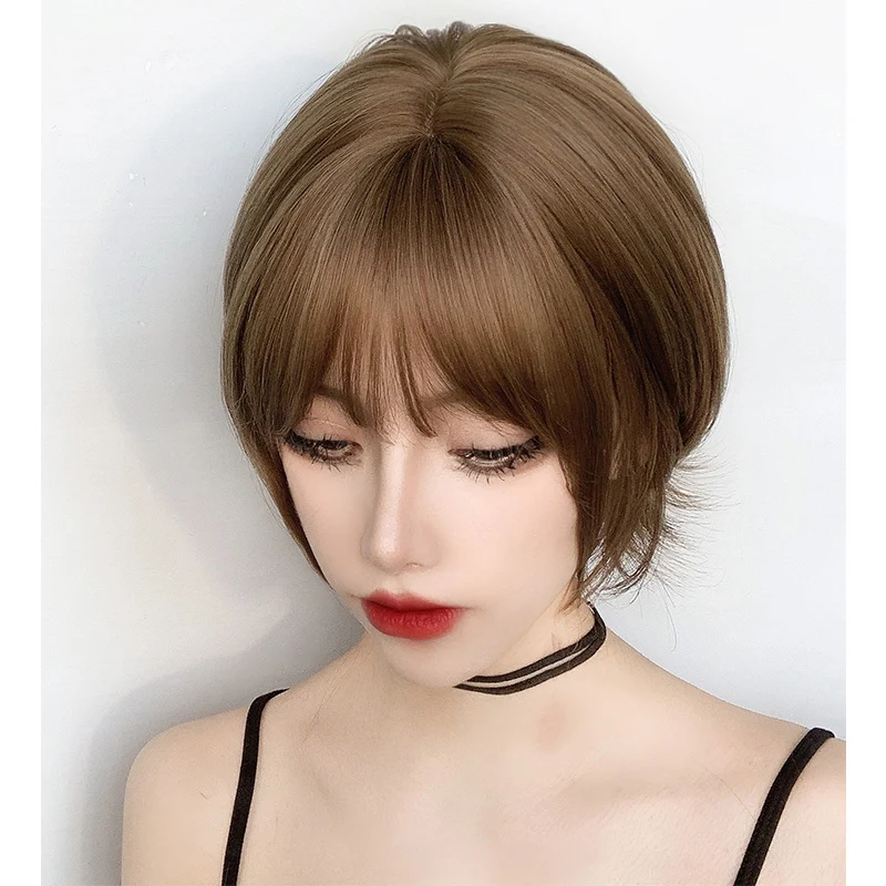

LIANGMO synthetic female short wig linen brown/cold brown wig bobo short curly hair synthetic heat-resistant wig.