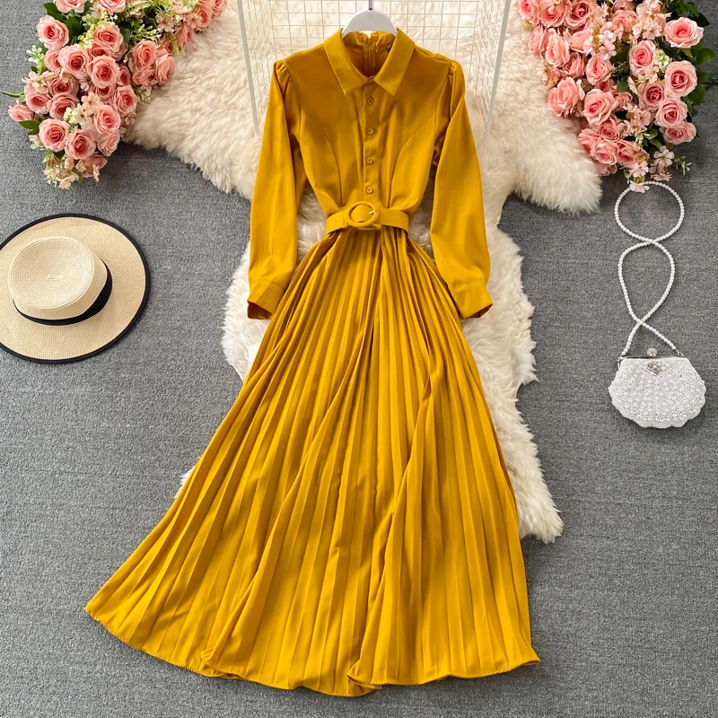 

Uulutonica Spring/Autumn Women Elegant Fashion A-line Solid Sashes Ankle-length Empire Turn-down Collar Dress