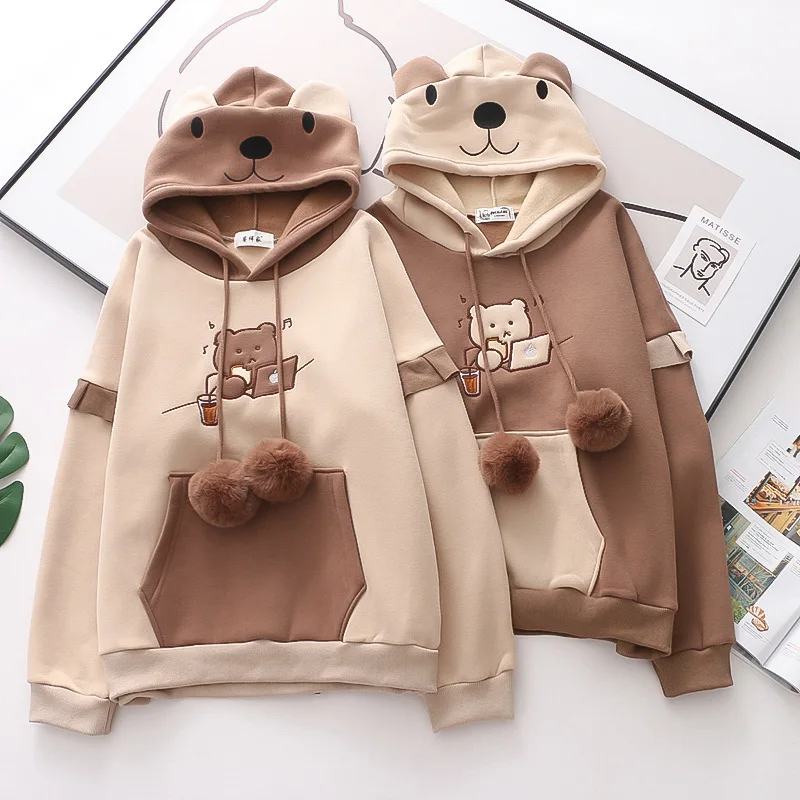 

Корейский Японский милый пуловер с капюшоном для девочек-подростков в стиле Харадзюку С мультяшным медведем, зимняя Милая Женская Толстовка Оверсайз в стиле мори