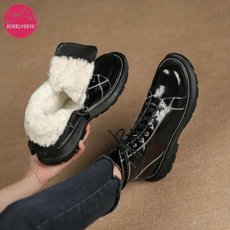 

EDEELVEEYS Natural Wool Fur Warm Snow Boots Women Winter Platform Ankle Boots Cow Leather Waterproof Boots Black Big Size 34-42