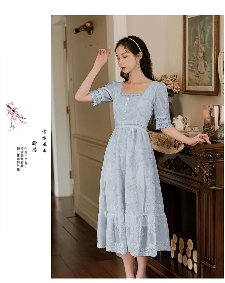 

ZAWFL 2021 Summer New Arrival Hot Sale Retro Square Collar Flower Embroidery Short Sleeve Women Lace Mermaid Long Dress
