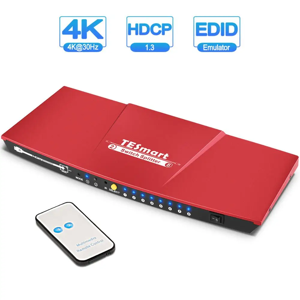 

TESmart 2 in 8 out HDMI Switch Splitter 2x8 with IR Remote Ver1.4 Dual Display Resolution up to 4K(3840*2160) 1080P 3D