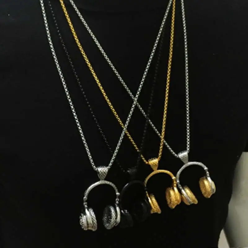 

Rock Music Earphone Headphone Pendant Necklace Hiphop Stainless Steel Box Chain Night Club Party Music Lover Gift