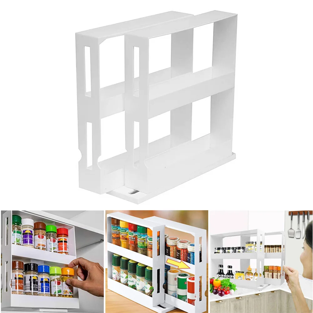 

2 Layers Rotating Storage Rack Cabinet Spice Holder Multi-Functional Bathroom Seasoning Spice Jar Space Saving Design