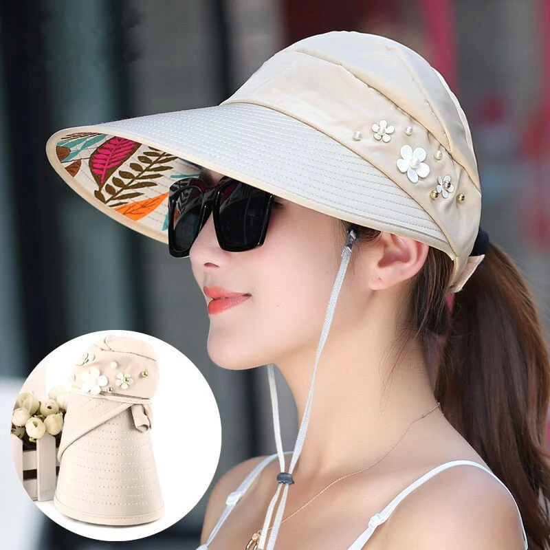 

Hot summer sun hat with pearl adjustable big heads wide-brimmed beach hat UV protection packable sun visor hat with 1PCS Ltnshry