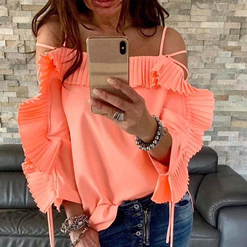 

sexy slash neck women pleated tops summer ruffle sleeve female blouses african 2021 chic new sexy blousa lady casual