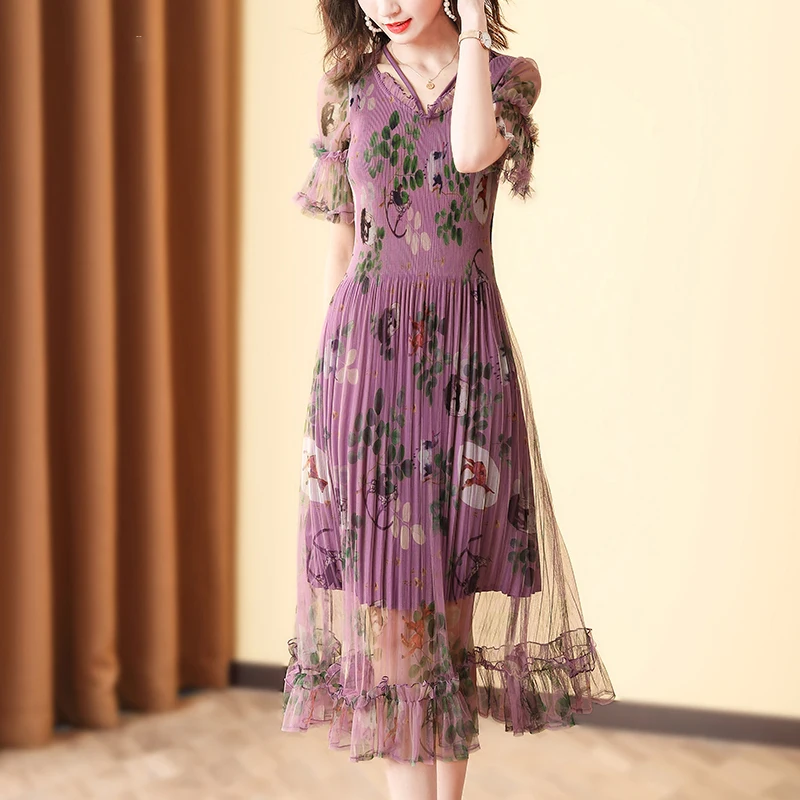 

Plus Size Dress Summer Women 2020 Printed Miyake Pleated New V Neck Short Sleeved Elastic Slim Ruffles Pleated Dress Midi