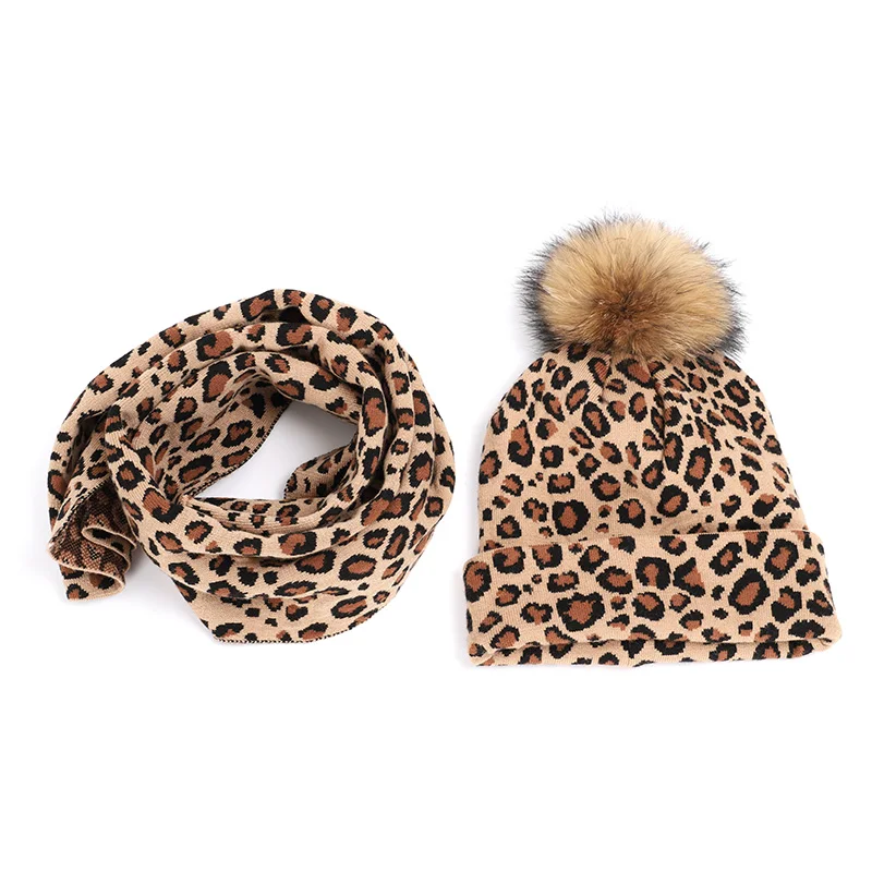 Женский головной убор с леопардовым принтом Меховые помпоны из енота женская