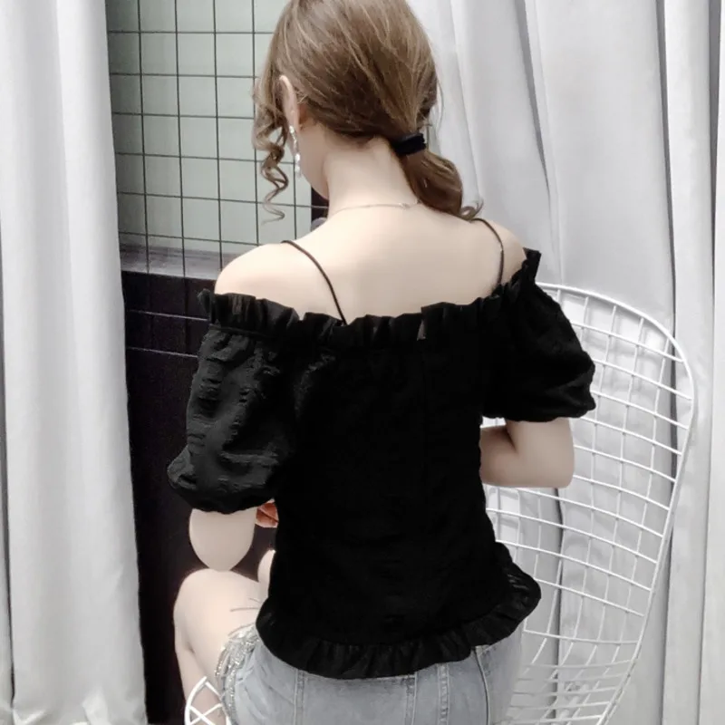 #2041 черно белая шифоновая короткая блузка женская с воротником лодочкой и