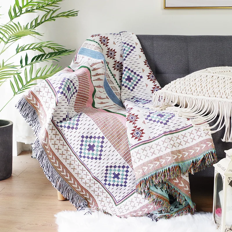 Богемное вязаное одеяло из ниток на кровать диван полотенце клетчатый гобелен