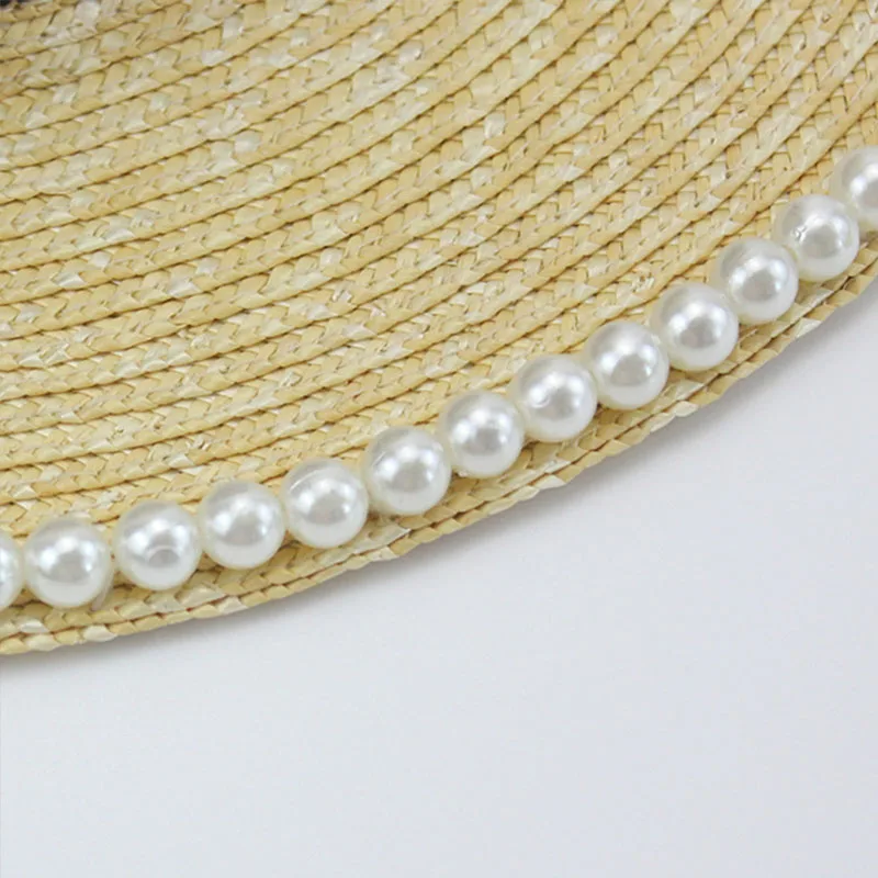 Шляпа женская Соломенная с бантом и жемчугом элегантная пляжная Панама чёрной