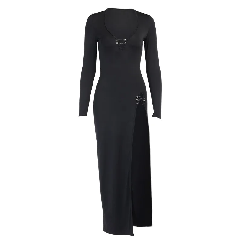 

The 2020 Women's Fashion Model Runway Lace Sexy Deep V Pleated Long Dress And Bottom High Waist Slit Long Sleeve Comfortable