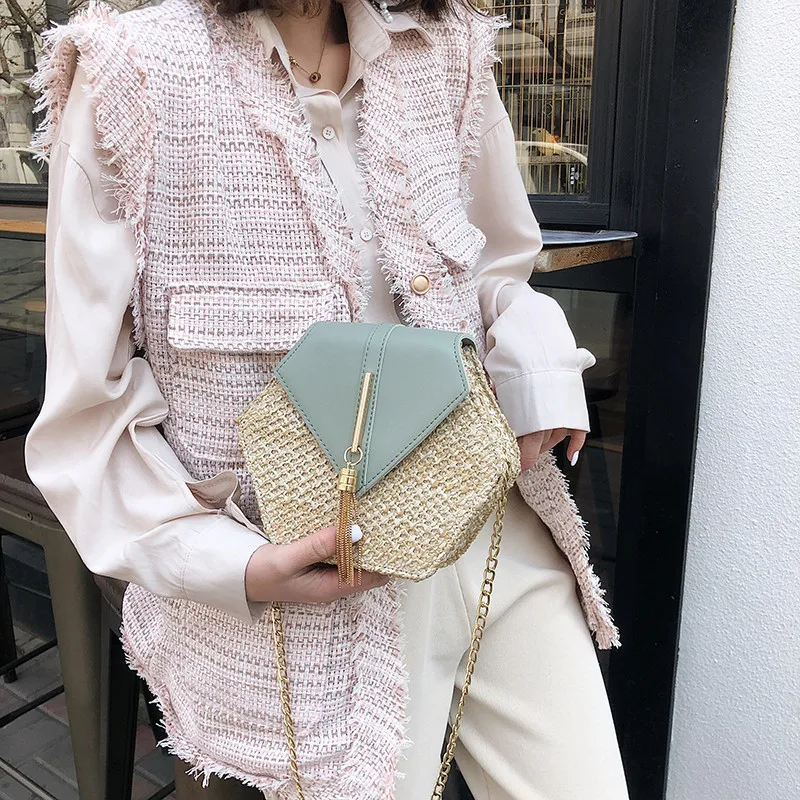 

New Fashion Hexagon Straw+Pu Leather Handbags Women Summer Rattan City Jogging Bag Handmade Woven Beach feminina Bag