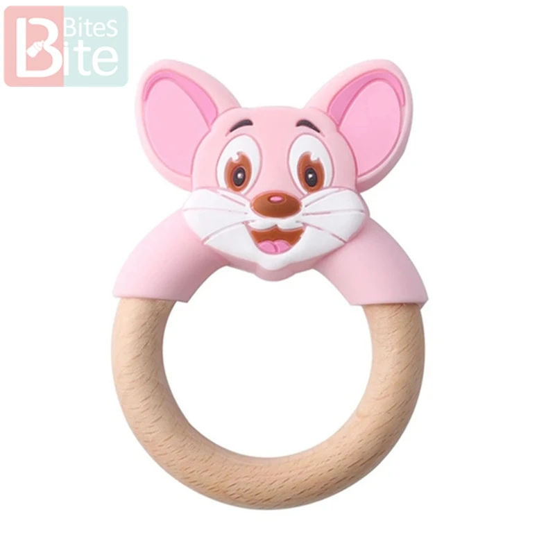 pink mouse ring 1 шт. Детские трофеи силиконовые мыши грызуны Силиконовые Прорезыватели деревянные кольца деревянный Прорезыватель коляска белка для детей товары игрушки - Цвет: pink mouse ring