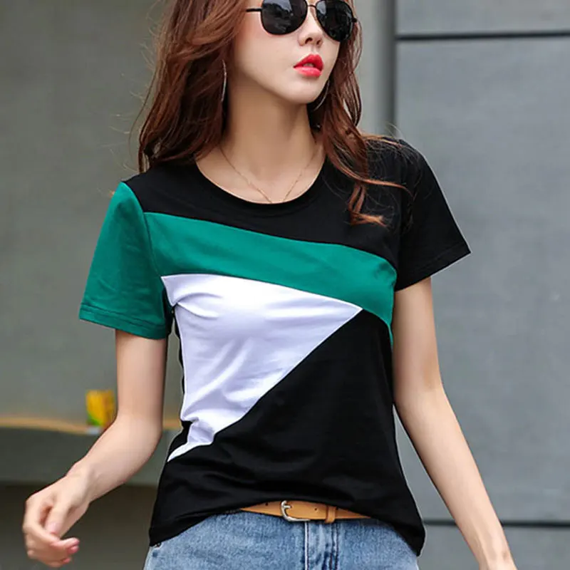 

2021 Spring Summer Simple Stitching Female Shirt Casual Women Tops Cool Short Sleeve Shirt Korean Style Fashion Blusas