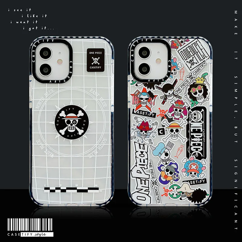 

Japanese Cartoon ONE PIECE Phone Case For iPhone 11 12 13 Pro Max X XR XS MAX 7 8 SE Plus Transparent Anime Skull Graffiti Cover