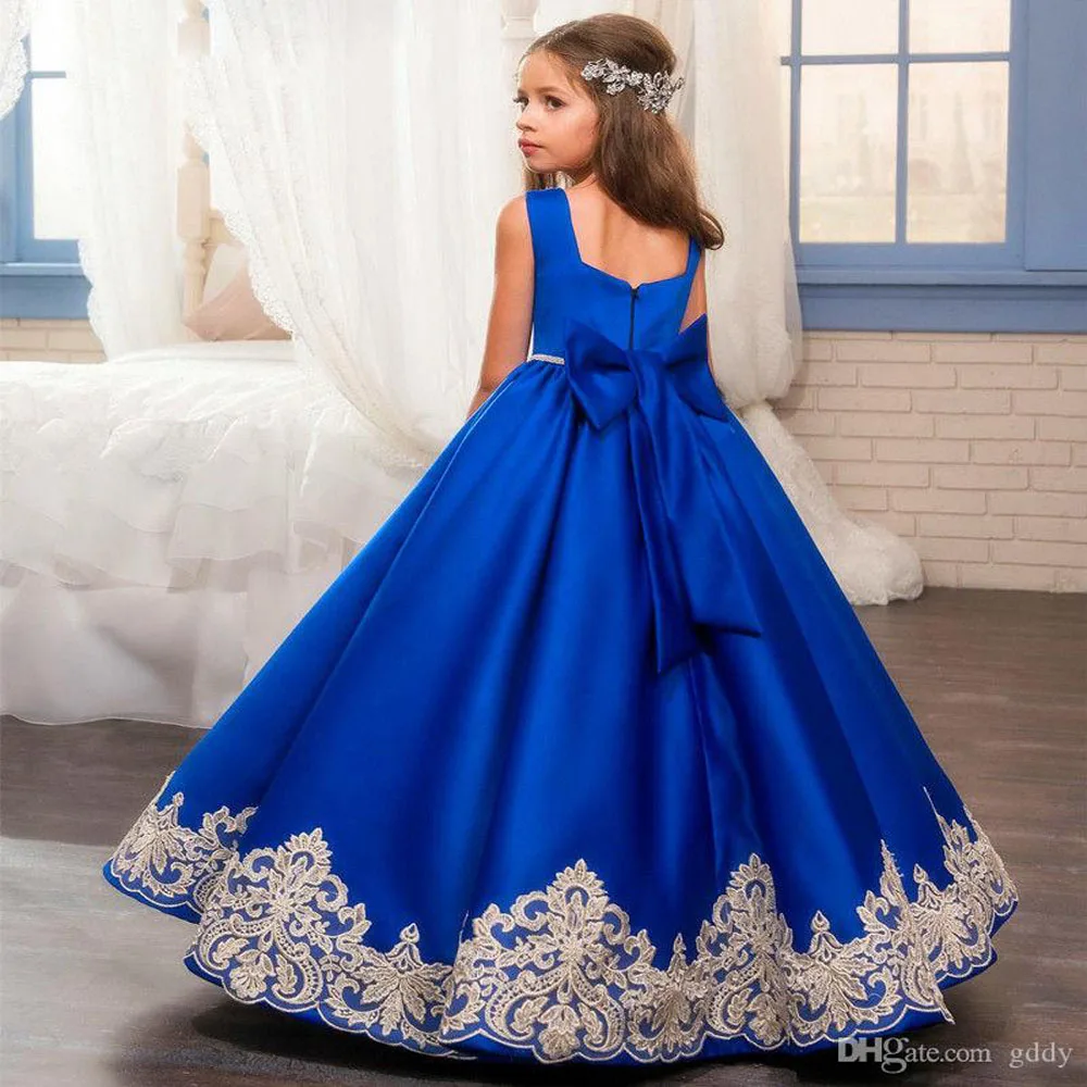 

Royal Blue Flower Girl Dresses O-Ncek Appliques Sleeveless Ball Gown Formal Bow Sashes First Communion Gowns Vestidos Longo
