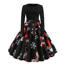Vestido de Navidad para mujer, vestido estampado de Swing grande, elegante, vestidos de fiesta de manga larga con cinturón, Vintage, bata de talla grande (3)