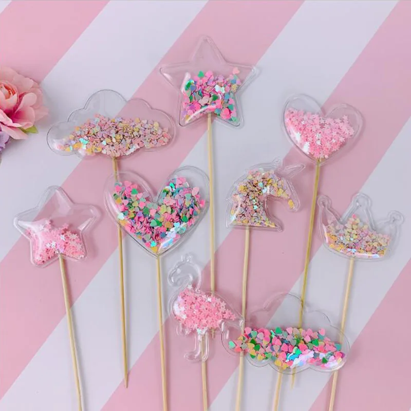 Bling Fairy PVC Cake Topper Unicorn Love Crown Cloud Shiny Flamingo Cupcake Topper for Wedding Birthday Party Cake Decorations