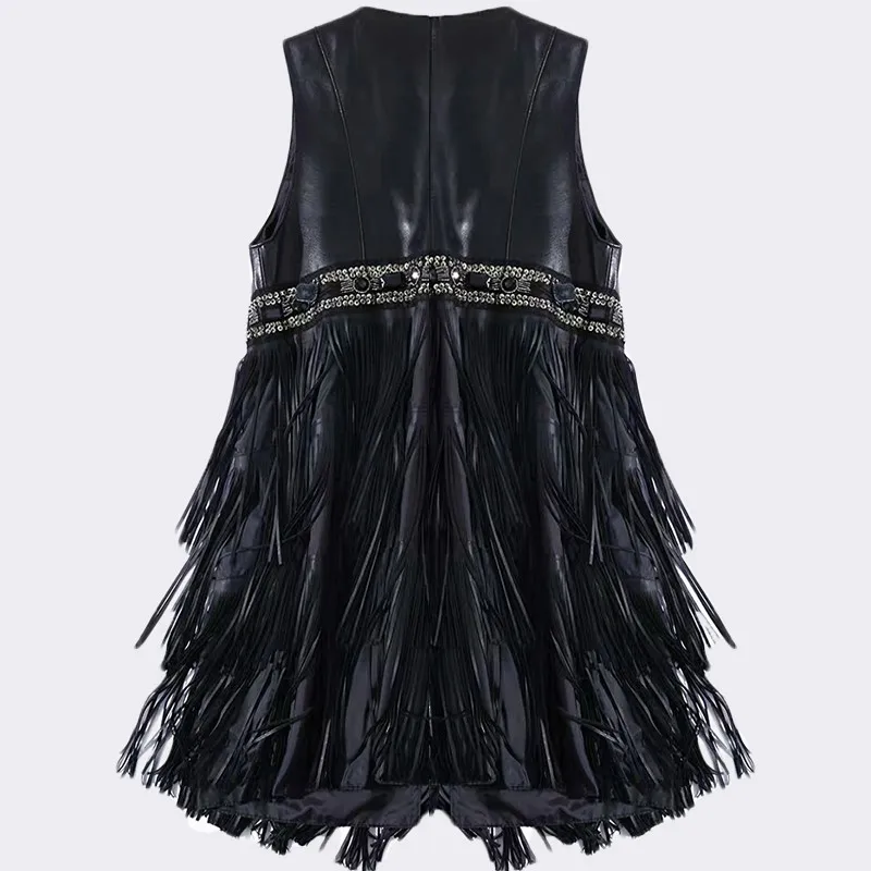 

Style Women Long Punk Tassels Sleeveless Sheepskin Genuine Leather Vest Slim Fit Lady Diamonds Waistcoat Plus Size 4XL Vests Top