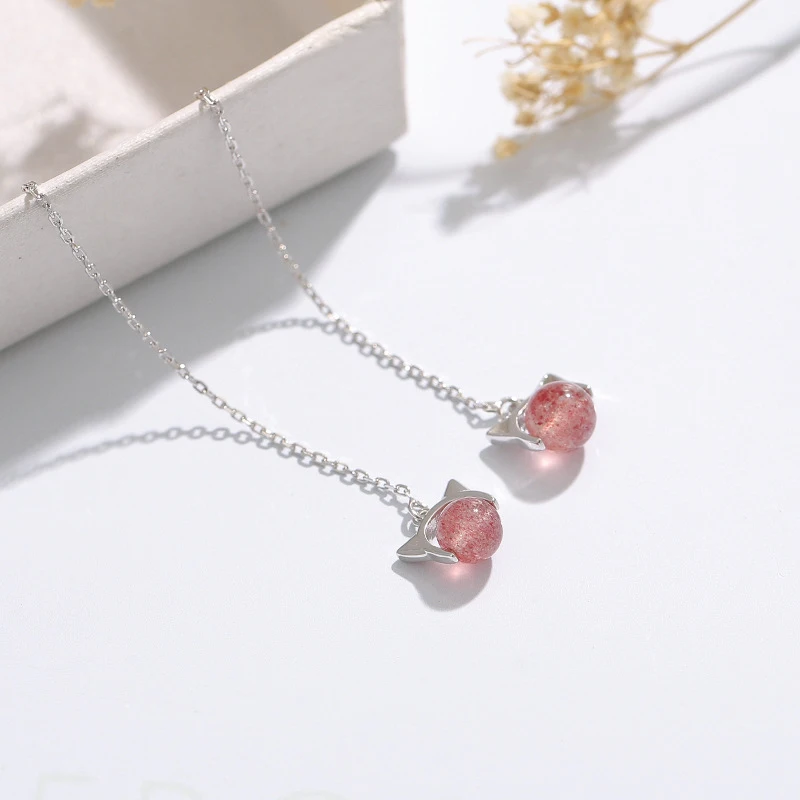 

925 Sterling Silver Pin Pink Embellishment Strawberry Crystal Gemstone Earrings Fashionable and Exquisite