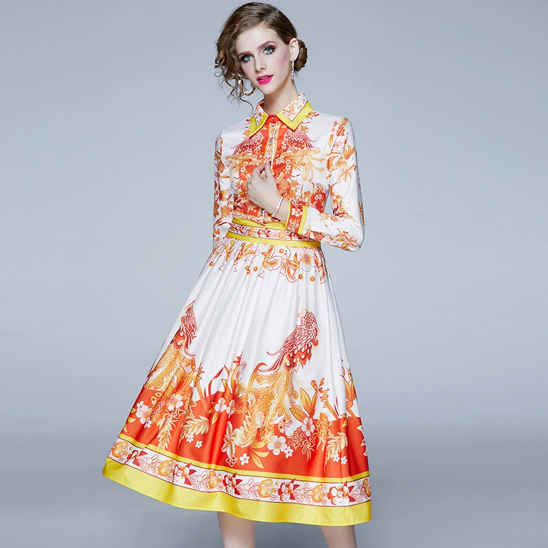 

LUKAXSIKAX 2019 Spring Autumn Women Long Sleeve Dress High Quality Retro Print Runway Dress Elegant Slim Party Dress