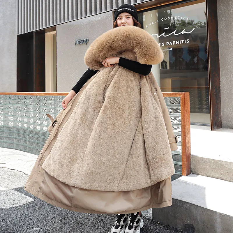 Fashion Cotton Liner Parker Parkas 2020 New Winter Jacket Women Long Hooded Parka Adjustable Waist Warm Fur Collar Coat