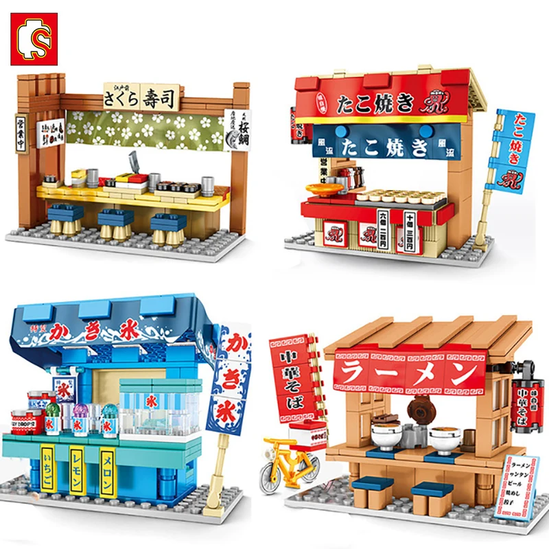 

SEMBO City Japanese Sakura street view Architecture Street Mini Snack Bar Sushi Shop Restaurant House Model Building Blocks Toys