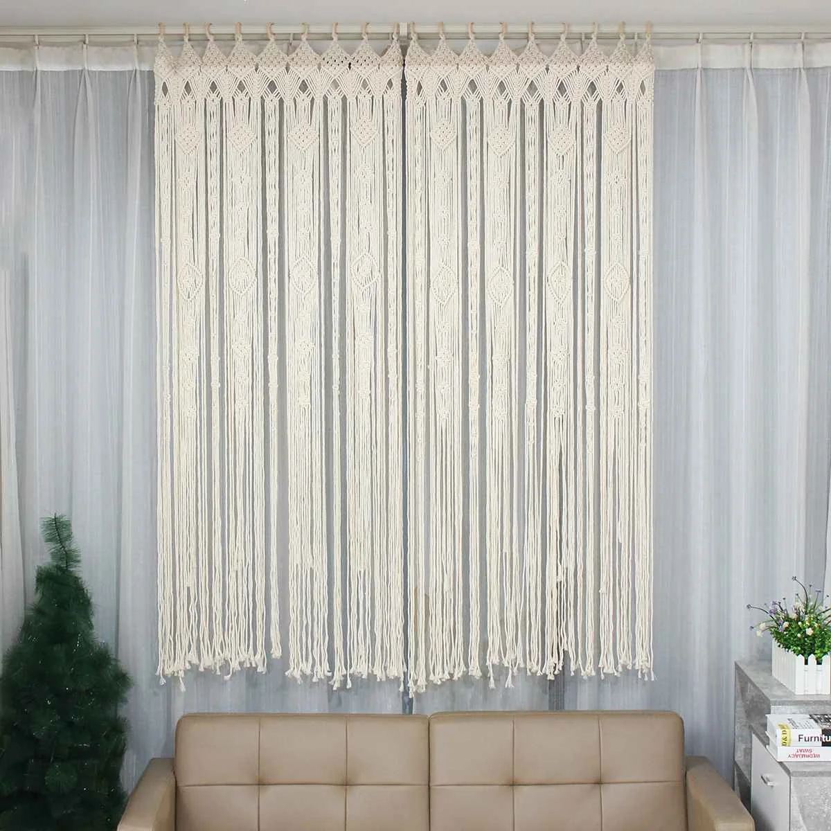Tapiz bohemio hecho a mano, cortina r&uacute;stica de macram&eacute; para boda, tel&oacute;n colgante de pared artesanal, tel&oacute;n de fondo de algod&oacute;n Vintage para fiesta, decoraci&oacute;n del hogar, regalos de EE. UU.-0