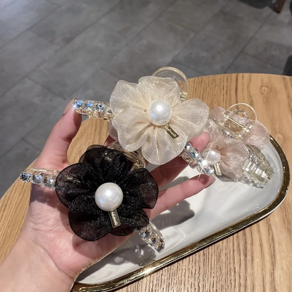 

1PC Flower Catch Clip Fashion Crystal Pearl Hair Catch Shark Chuck Hair Barrette Hairpin Net Hairpin Temperament Hair Accessorie
