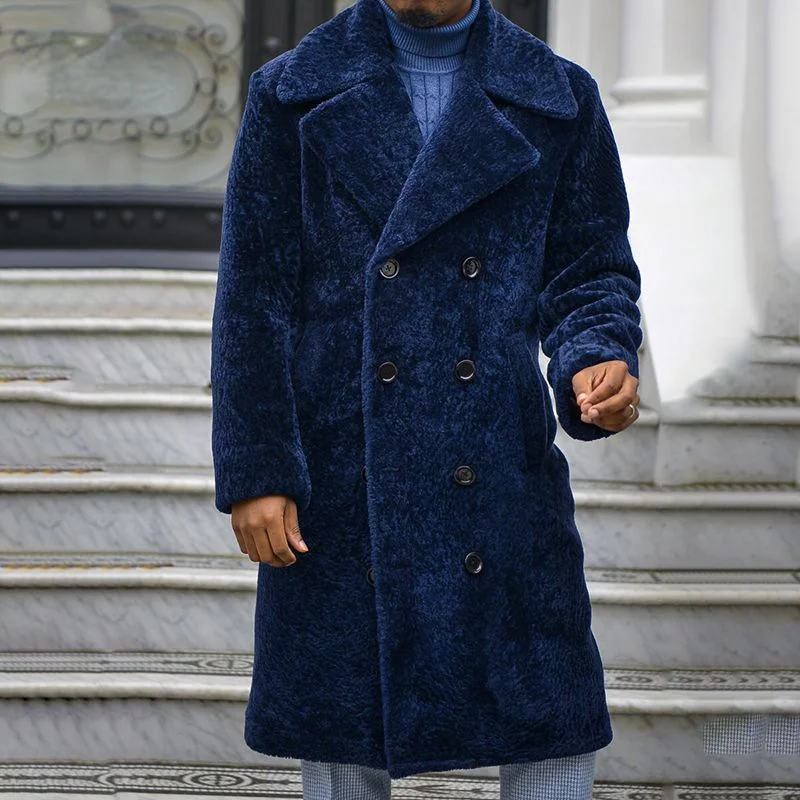 

Men Coat Mid-Long Leisure Fleece Coat Autumn Winter New Mens Fashion Long Sleeve Double Breasted Blue Overcoat Cardigan Tops