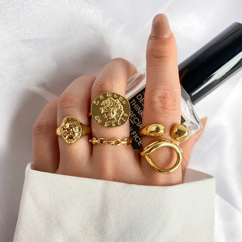 Поцелуй жена Панк Золотая монета с портретом цепи геометрический набор колец новые модные открытые кольца для женщин 2021 тренд, ювелирные изделия в качестве подарка
