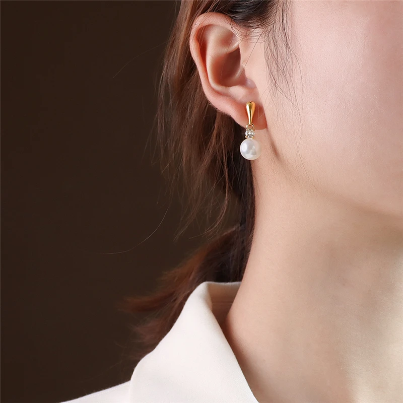 

2021 New Style White Pearl Stud Earrings With Cubic Zirconia Exaggerated 316l Stainless Steel Eardrop For Women Jewelry Gifts