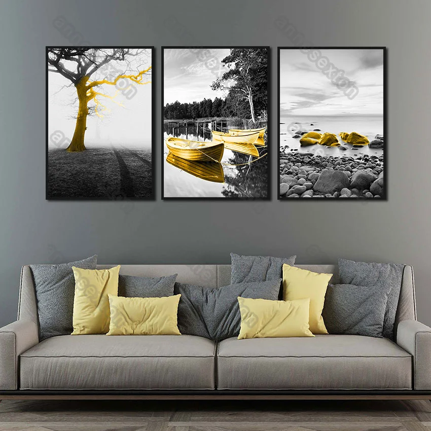 

Nordic Style Canvas Painting Poster Abstract Natural Scenery Mountain River Golden Trees Ships Home Rooms Gallery Wall Decoratio