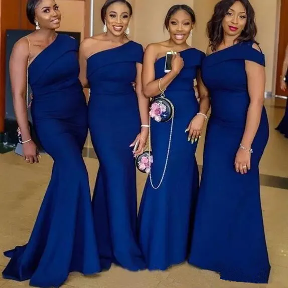 

Blue Cheap Bridesmaid Dresses Under 50 Mermaid One-shoulder Satin Long Wedding Party Dresses